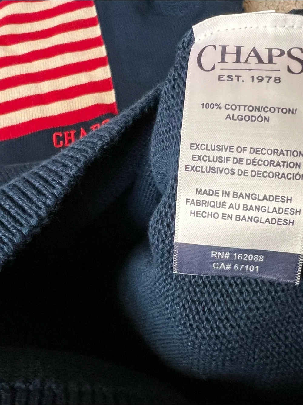 Chaps Navy Crewneck Sweater American Flag Large 100% Cotton NWT